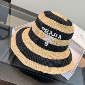 Prada Embroidered Logo Bucket Hat in Raffia Beige/Black