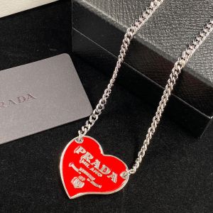 Prada Enamel Heart Necklace In Metal Silver/Red