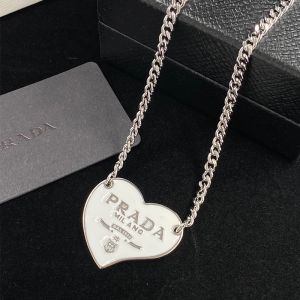 Prada Enamel Heart Necklace In Metal Silver/White
