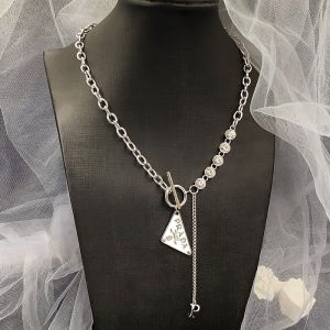 Prada Enamel Triangle Pendant Necklace in Metal with Crystals Silver/White