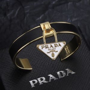 Prada Triangle Logo Charm Cuff Bracelet In Metal and Leather Black/Gold