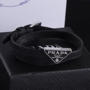 Prada Triangle Logo Double Bracelet in Saffiano Leather Black