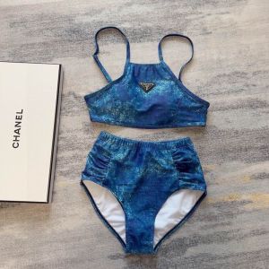 Prada Triangle Logo High Neck Bikini Women Lycra Blue
