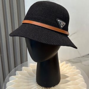 Prada Triangle Logo Knitted Bucket Hat in Cotton with Buckle Strap Black
