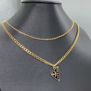 Prada Triangle Logo Pendant Two Layer Necklace in Metal Gold/Black
