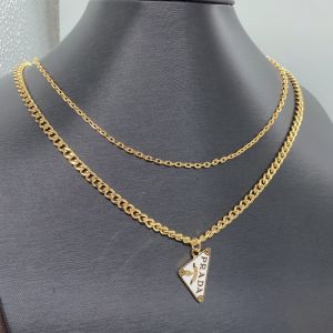 Prada Triangle Logo Pendant Two Layer Necklace in Metal Gold/White