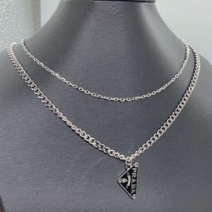 Prada Triangle Logo Pendant Two Layer Necklace in Metal Silver/Black
