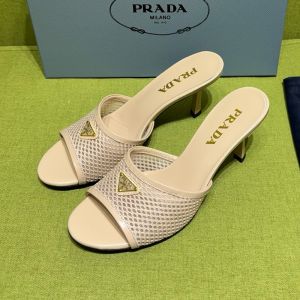 Prada Triangle Logo Slides 75mm Women Mesh Fabric Apricot