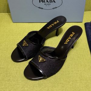 Prada Triangle Logo Slides 75mm Women Mesh Fabric Black