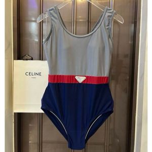 Prada Triangle Logo Tricolor Swimsuit Women Lycra Grey/Navy Blue