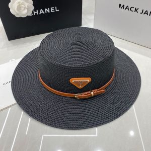Prada Triangle Logo Wide Brim Sun Hat in Raffia Black